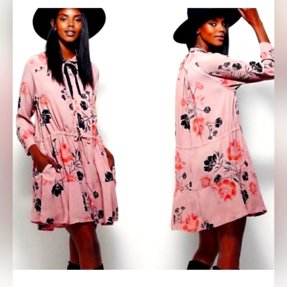 Free People Pink Floral Long Sleeve Tiered Dress